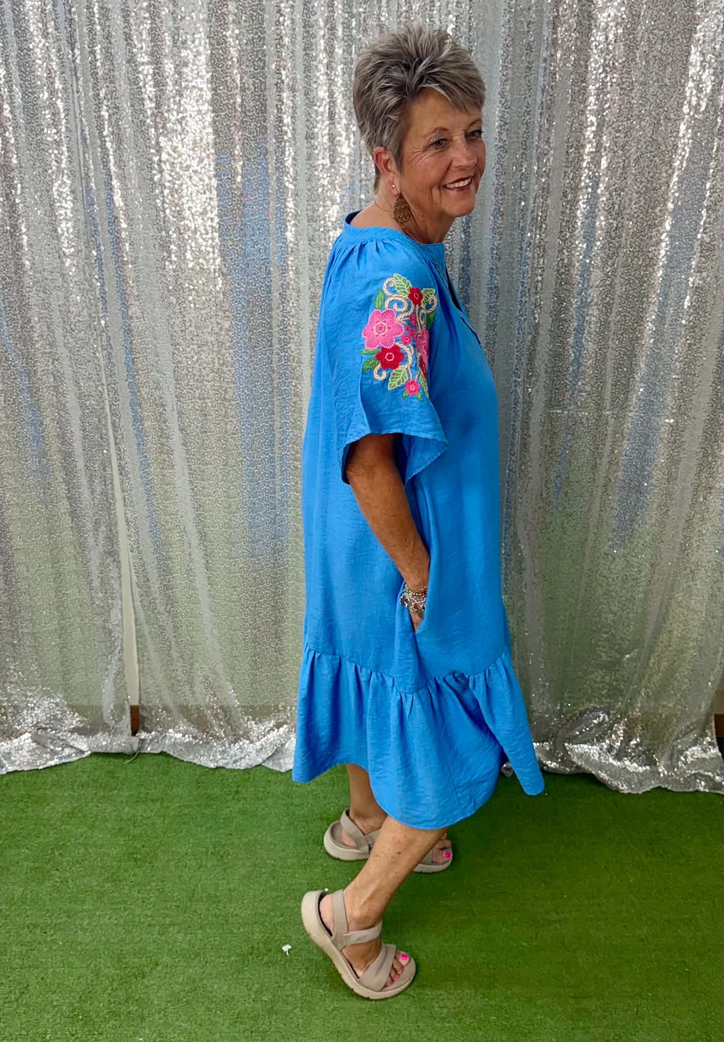 umgee floral sleeve cerulean dress