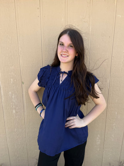 Smocked Top with Front Tie & Flutter Sleeves