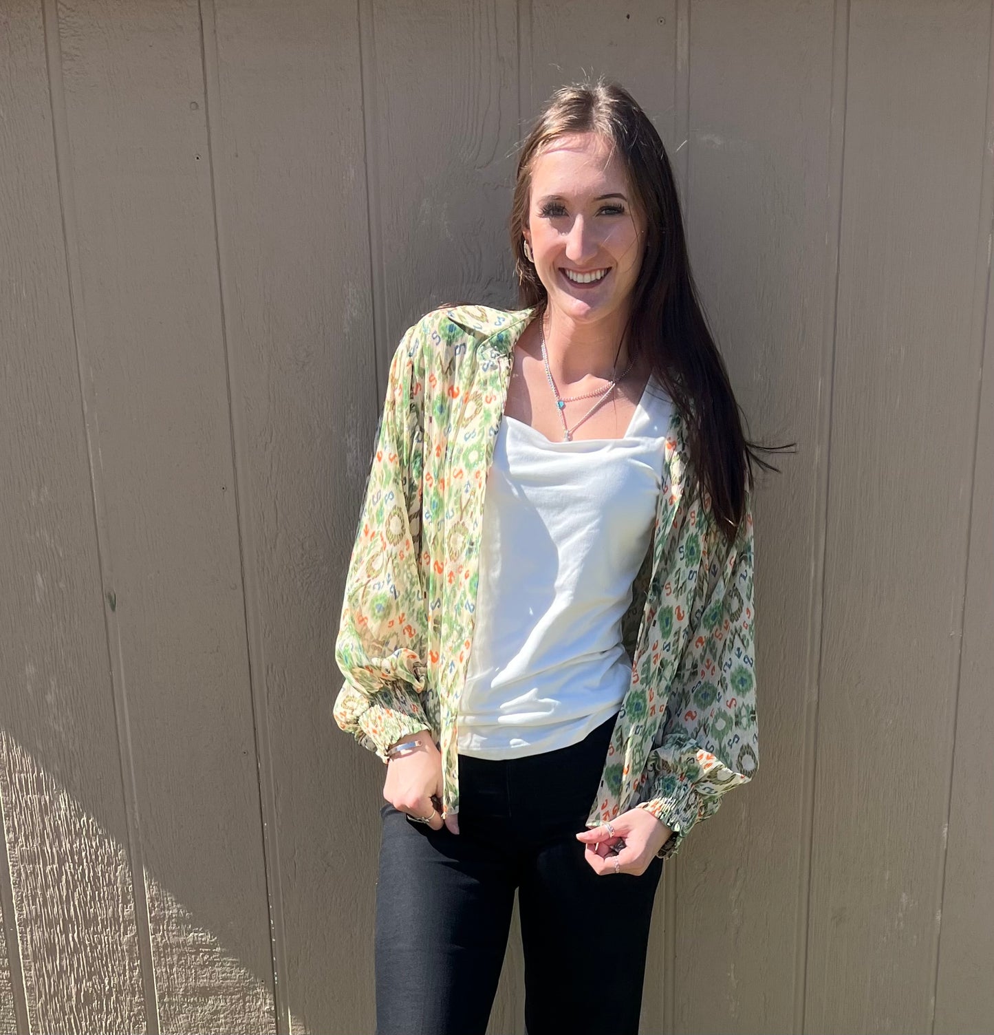 Green and Orange Mix Sheer Button Up