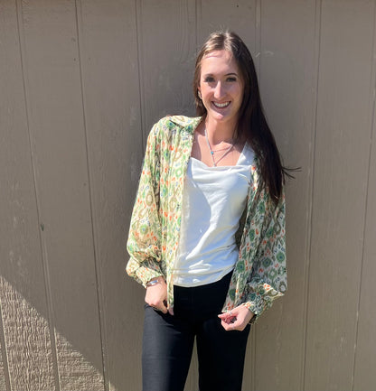 Green and Orange Mix Sheer Button Up