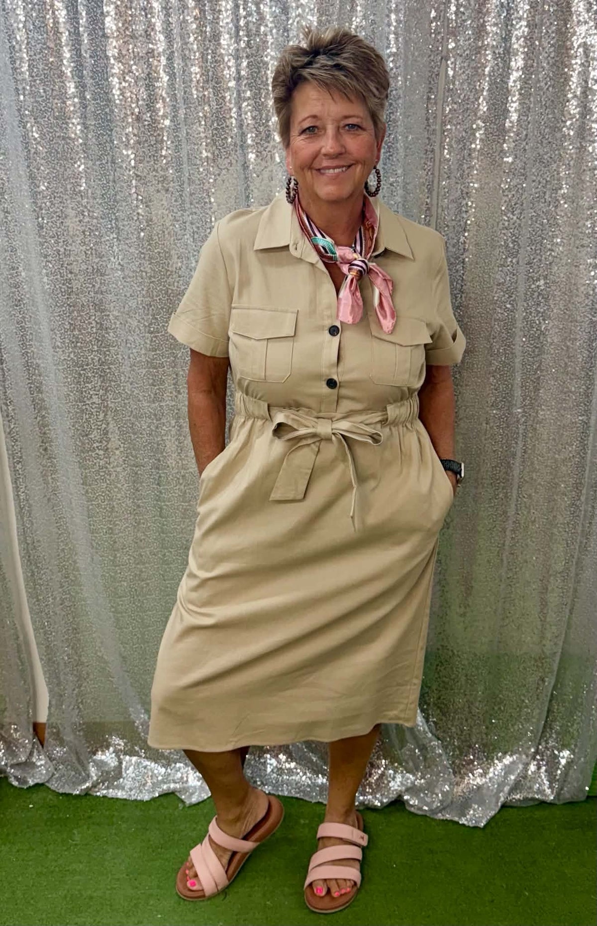 Flamingo tan belted dress