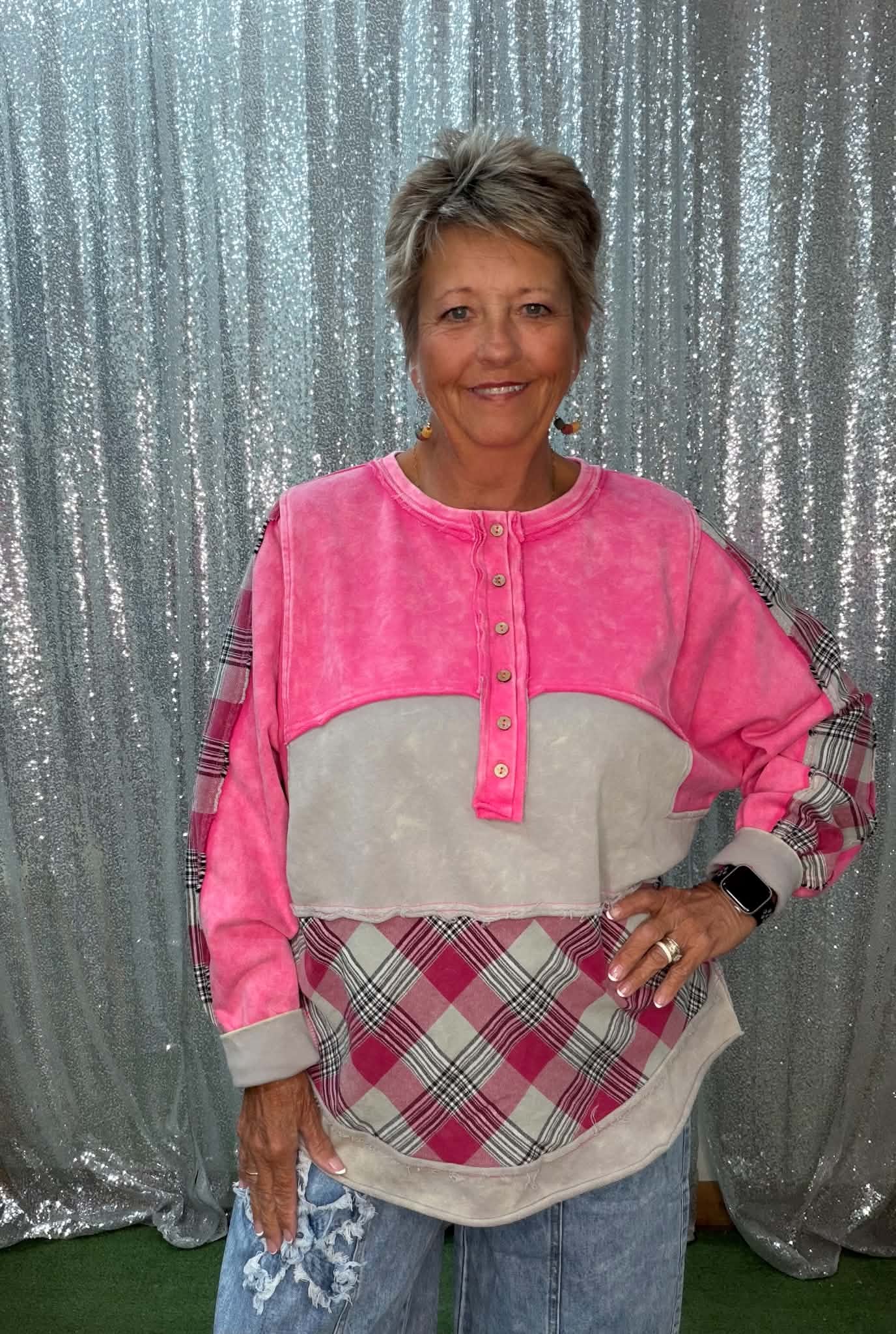 Sage & Fig pink patch mix media top