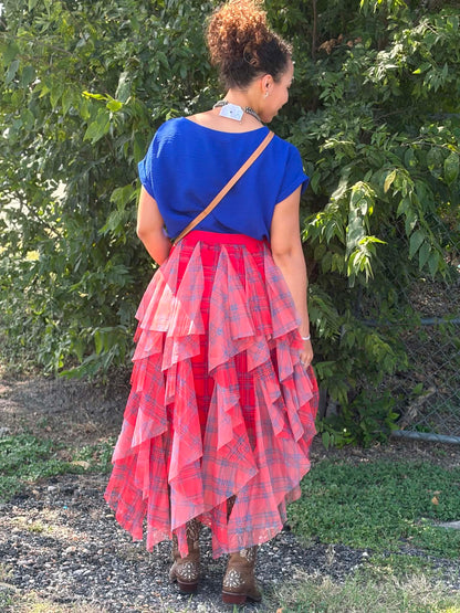 Easel Tulle Layered Plaid Skirt