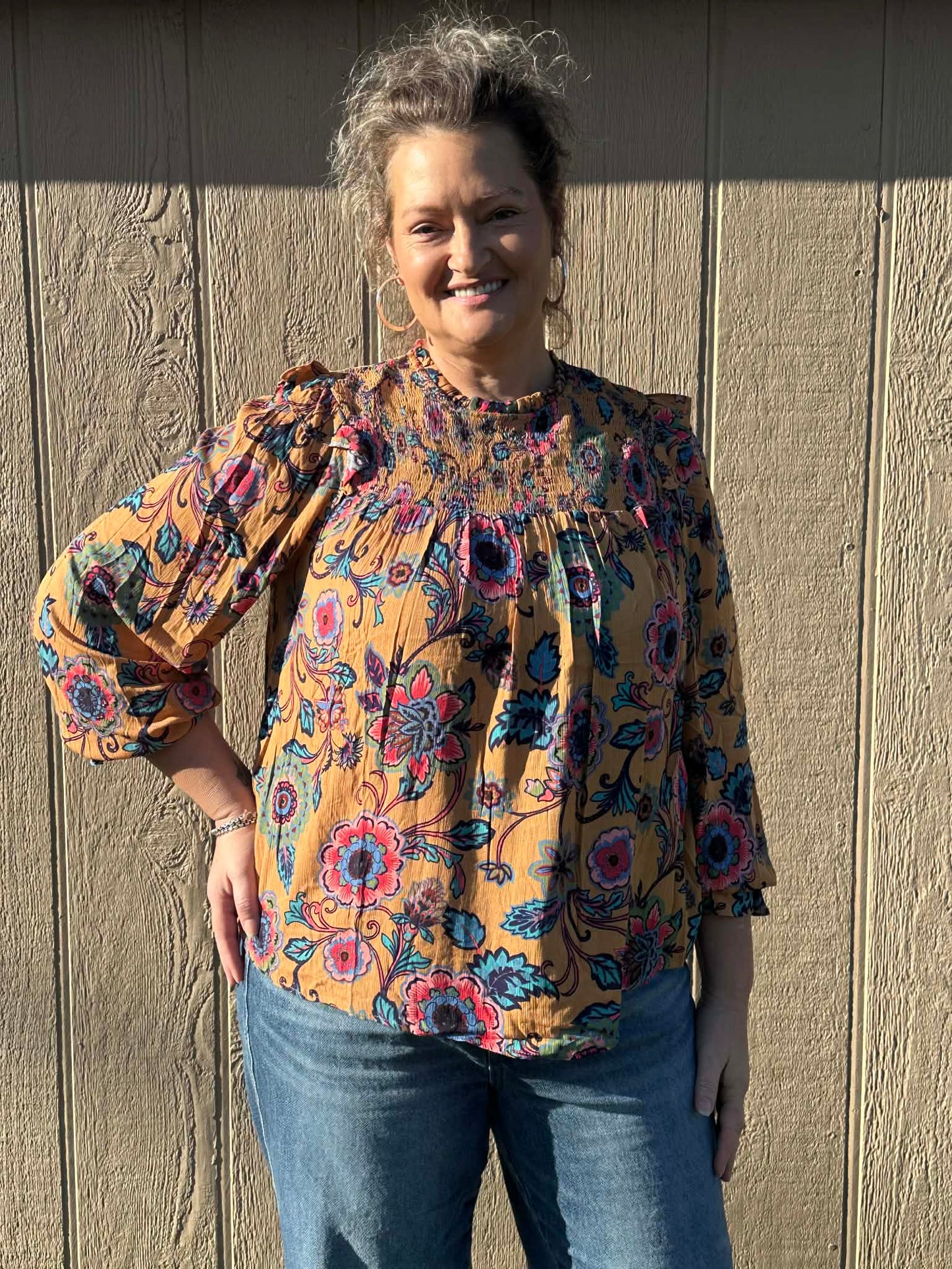 Easel Mustard print Tabby long sleeve top