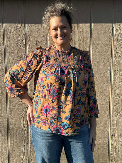 Easel Mustard print Tabby long sleeve top