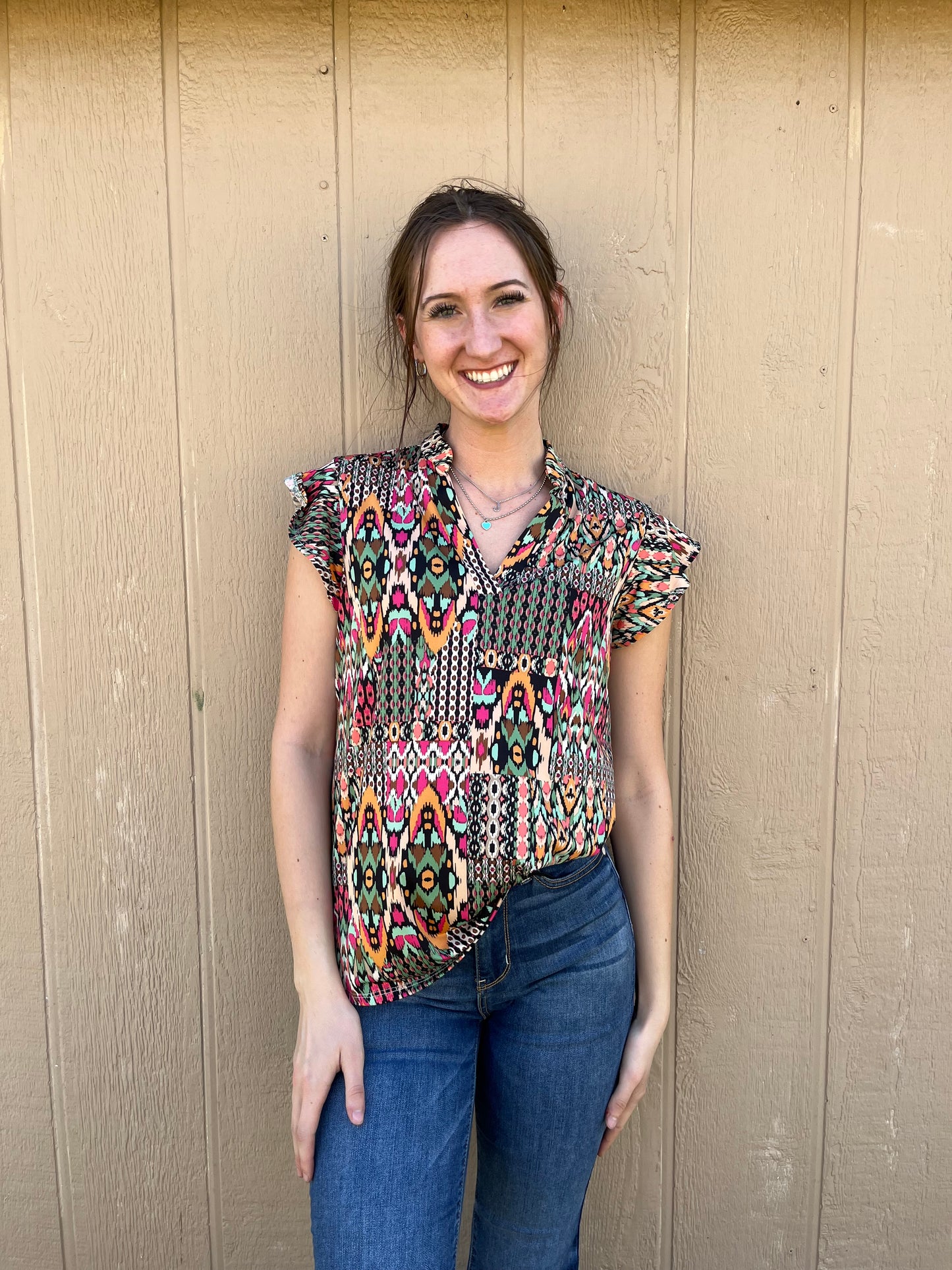 Ruffle Sleeve Printed Top