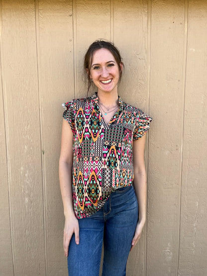 Ruffle Sleeve Printed Top