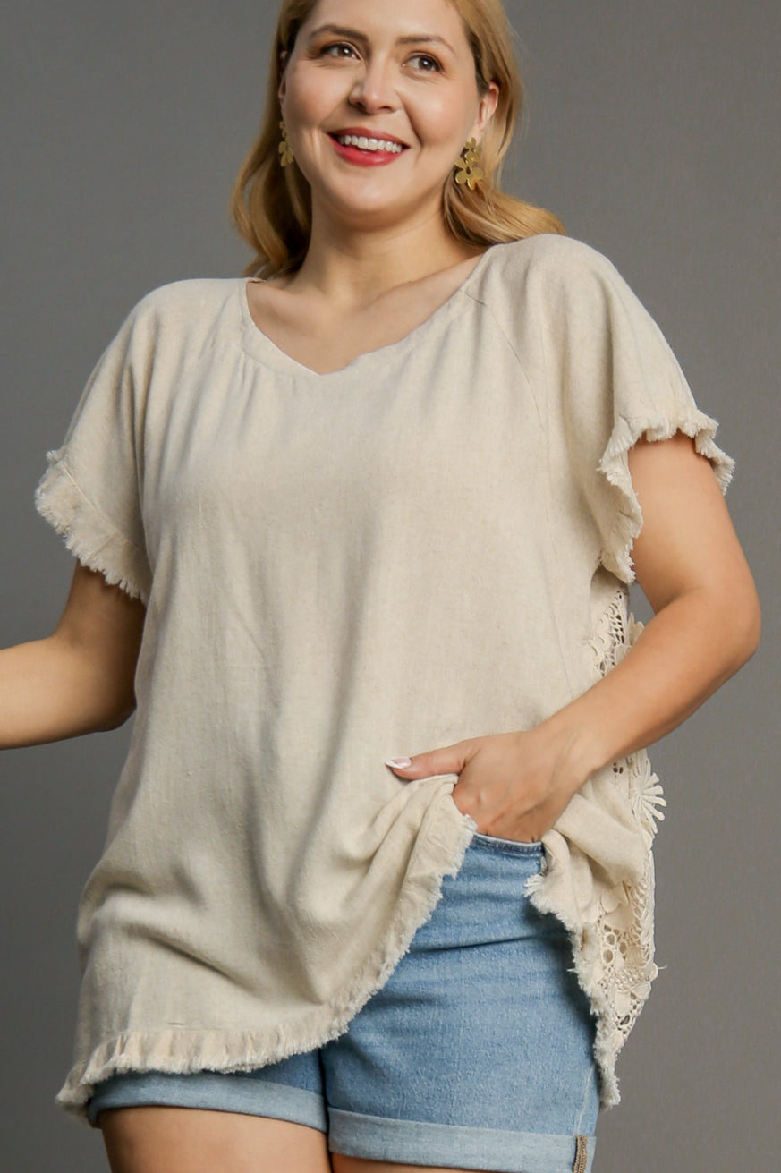 Linen Top with Floral Lace Back