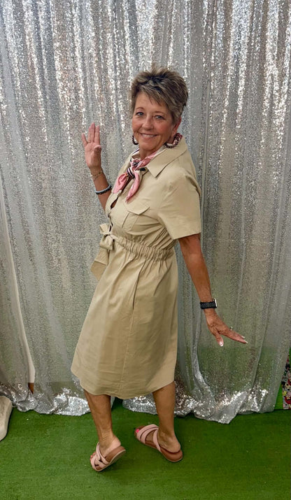 Flamingo tan belted dress