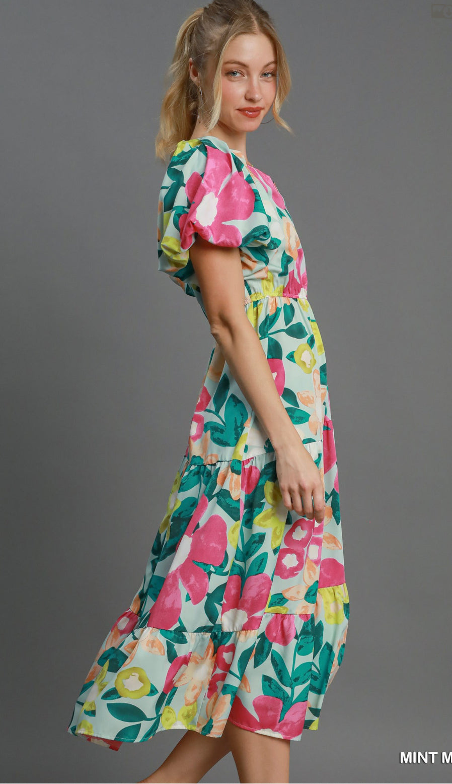 Umgee Floral Bubble Sleeve Midi Dress