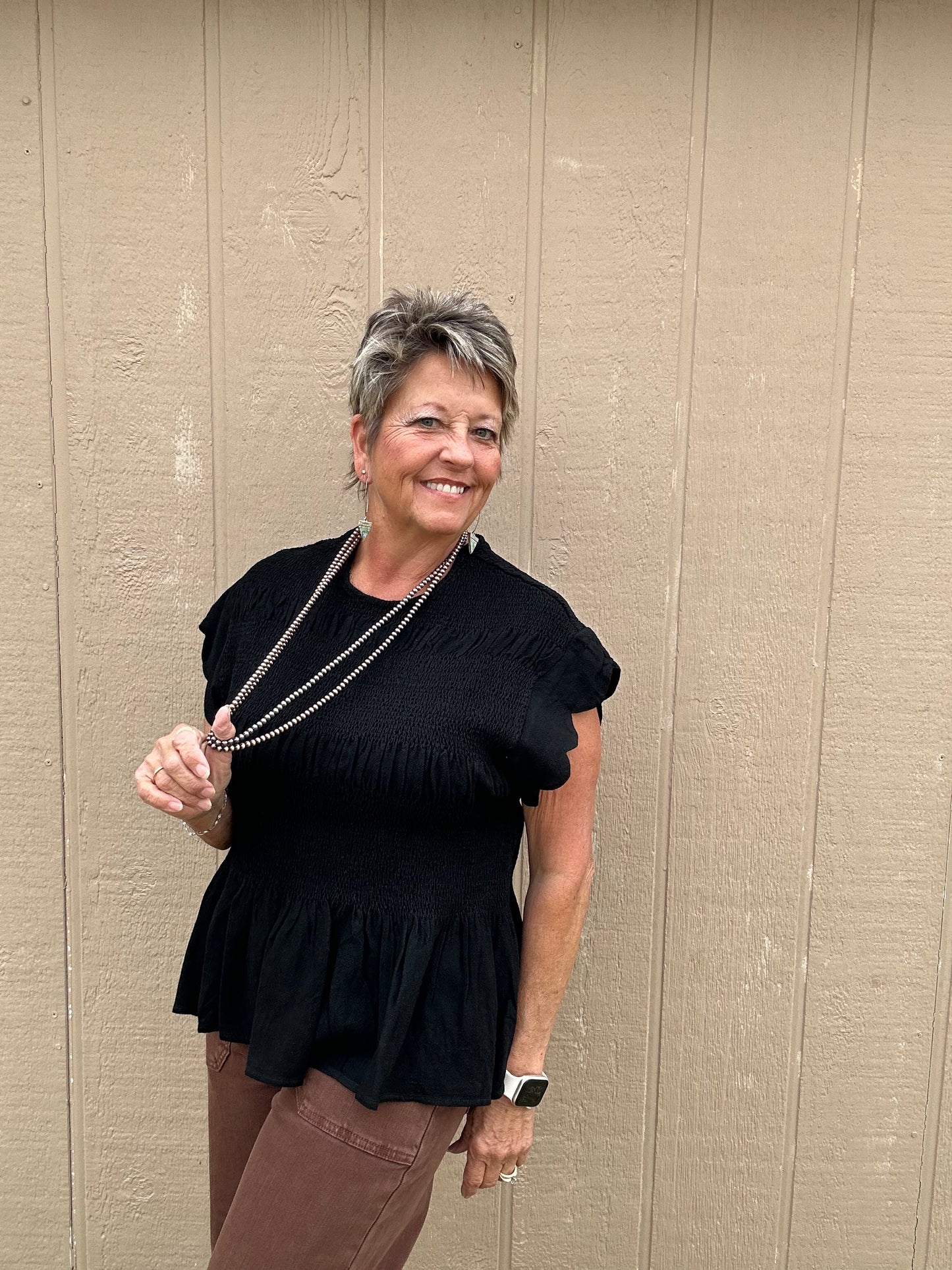 Umgee Scalloped Sleeve Smocked Top