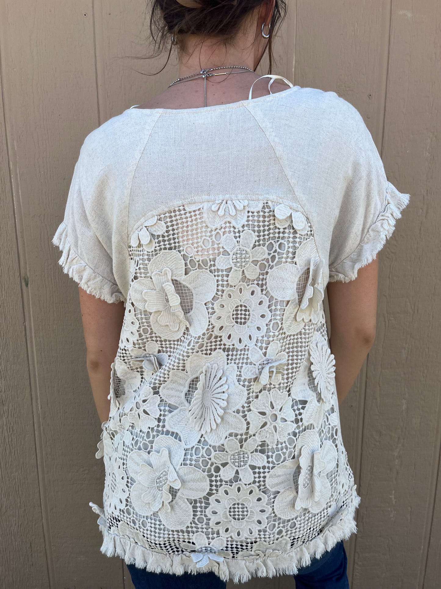 Linen Top with Floral Lace Back