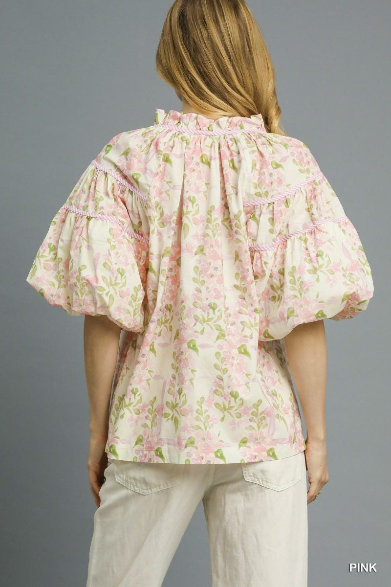 Floral Puff Sleeve Peplum Blouse