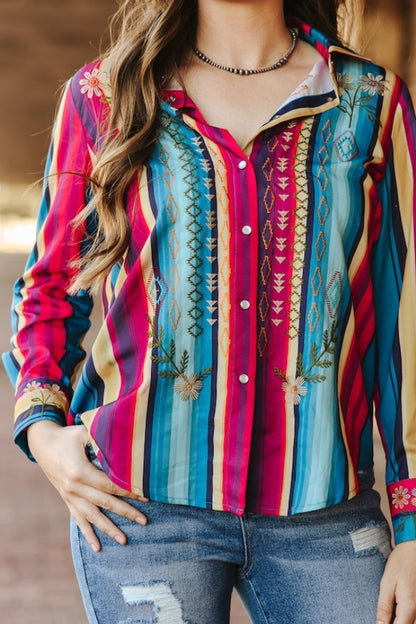 Red Turquoise Serape Pearl Snap Button Down Top