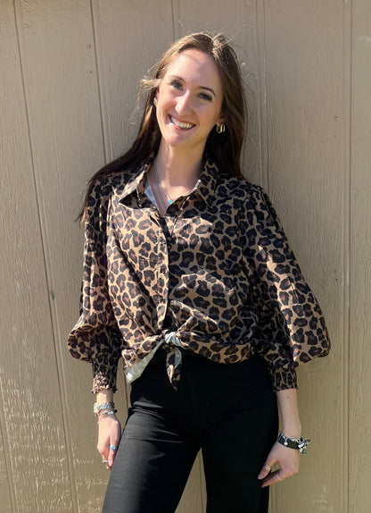 Leopard Smocked Puff Sleeve Top