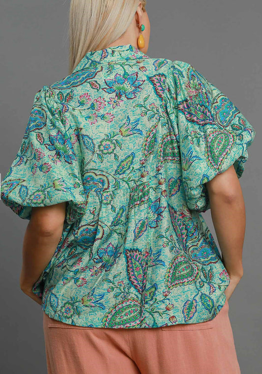 Plus Size Umgee Bubble Sleeve Blouse *Patterned
