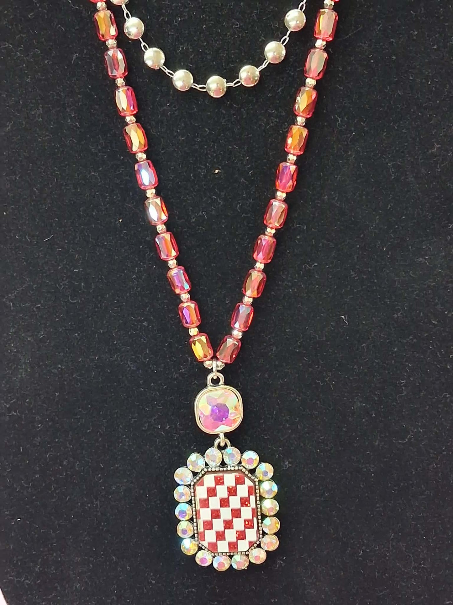 Iridescent Hues of Red Rhinestones & Checked Pendant