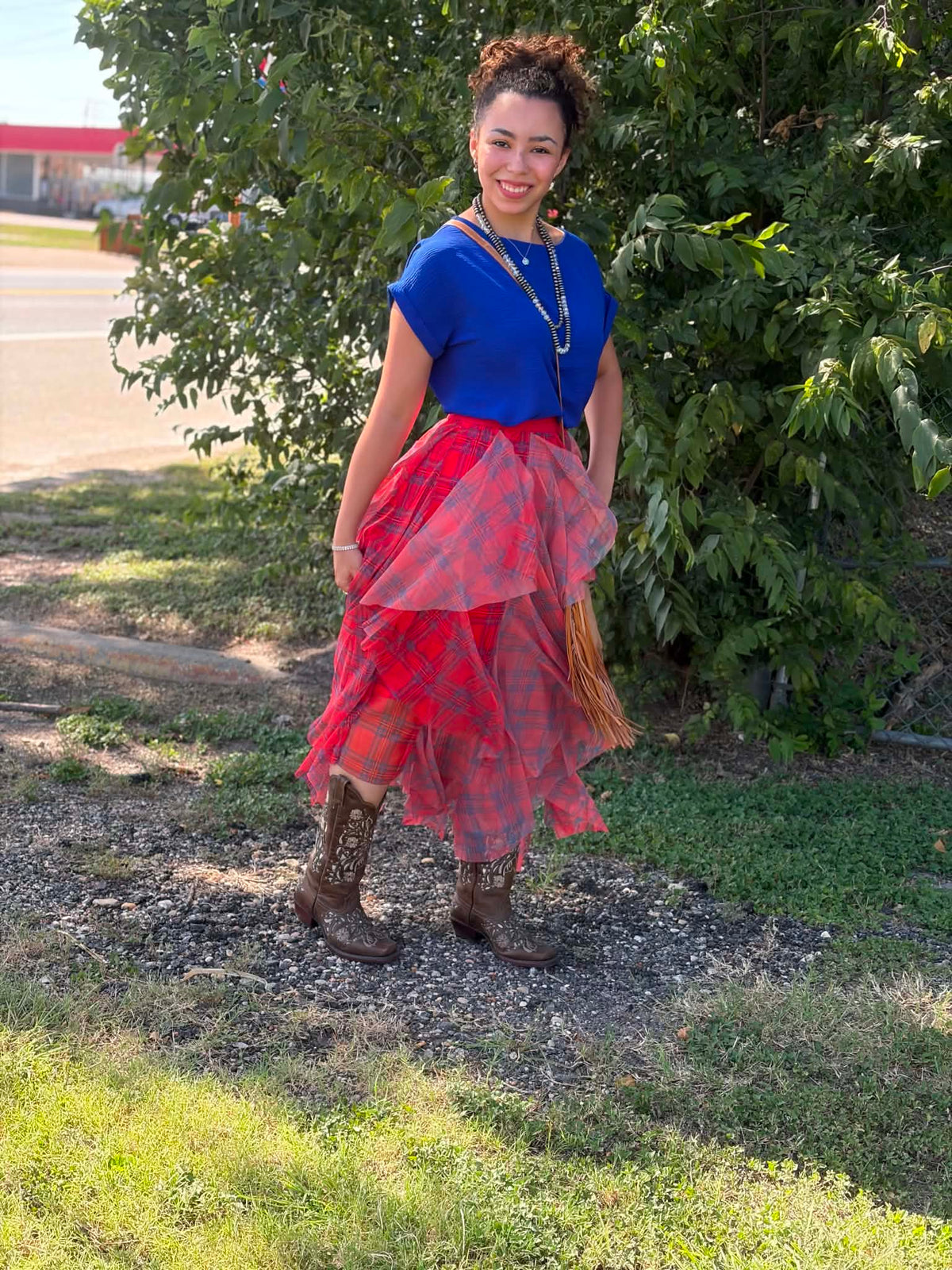 Easel Tulle Layered Plaid Skirt