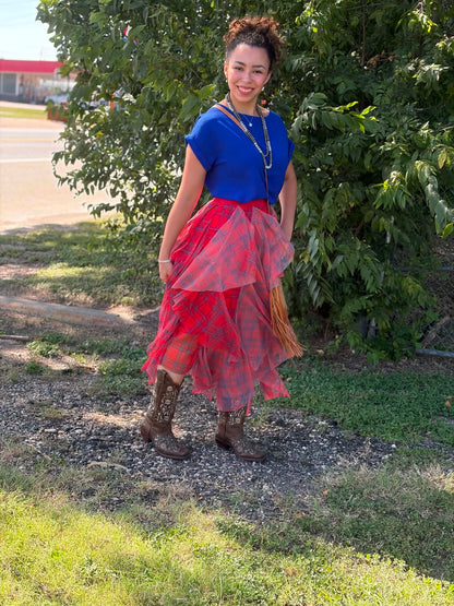 Easel Tulle Layered Plaid Skirt