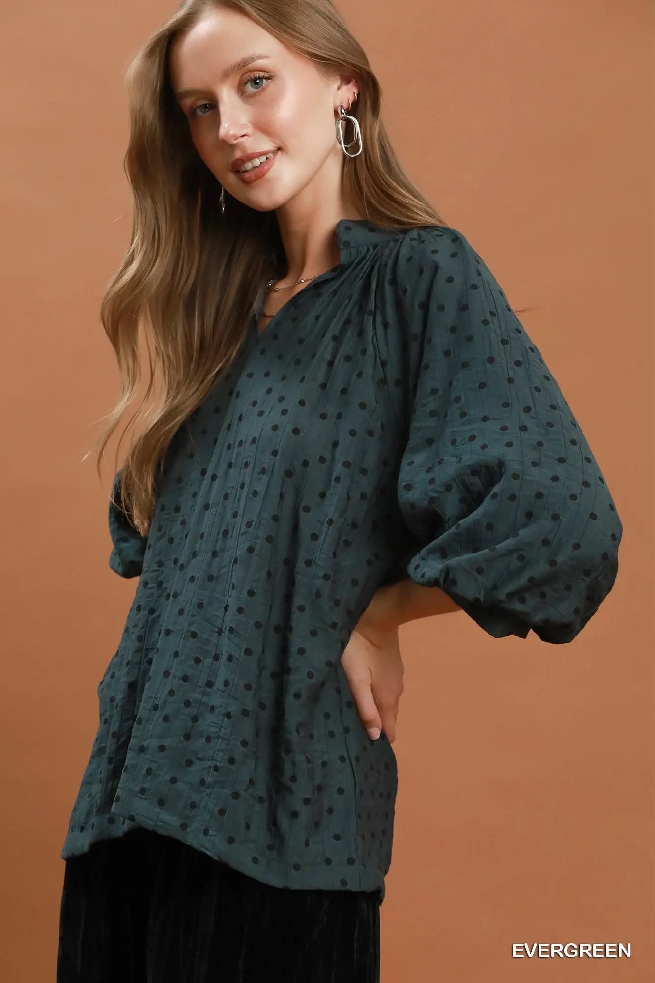 Umgee Polka Dot Textured Puff Sleeve Top