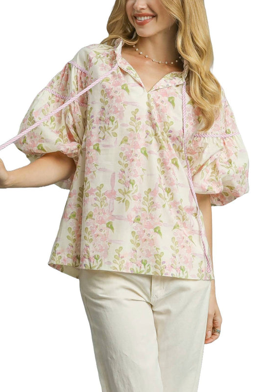 Floral Puff Sleeve Peplum Blouse