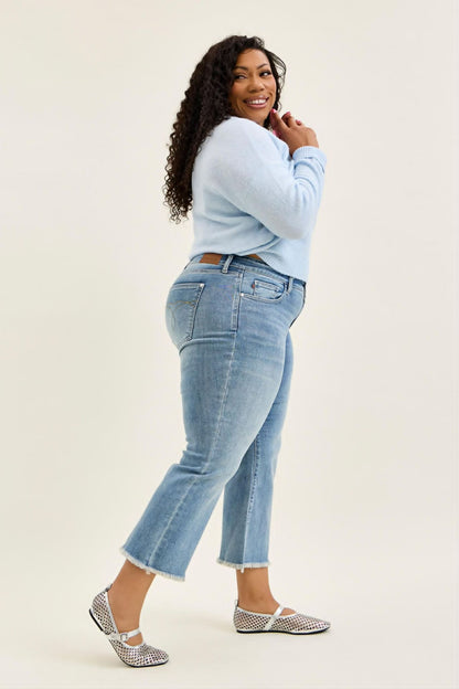 Judy Blue Mid Rise light wash kick flare PLUS