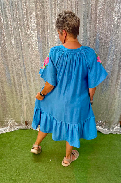 umgee floral sleeve cerulean dress