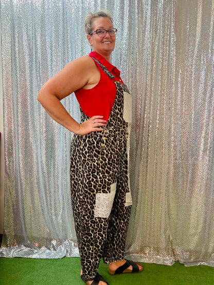 Oddi Leopard Mixed Media Overalls Plus