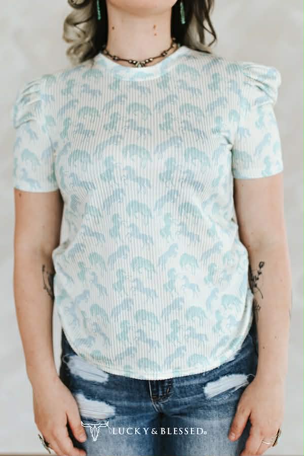 Lucky & Blessed bubble sleeve ribbed top