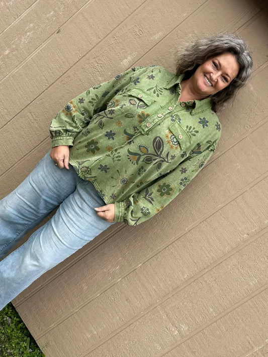 Easel Juniper Green pullover boho floral