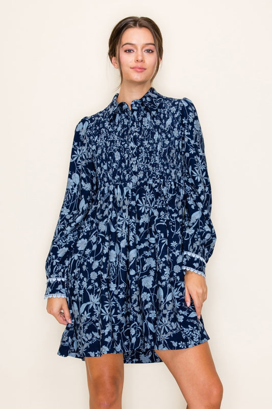 Smocked Bodice Printed Corduroy Mini Dress