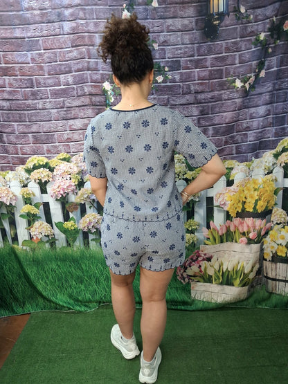 Very j floral embroidered navy short set