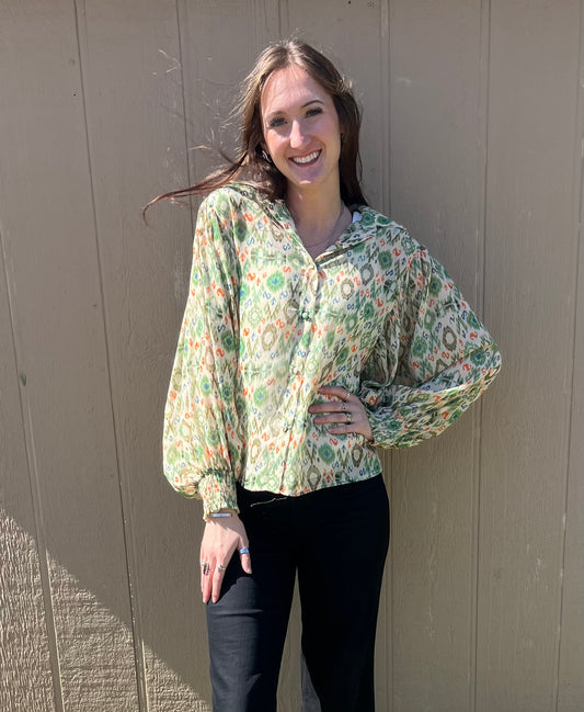 Green and Orange Mix Sheer Button Up
