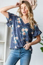 Floral Ribbed Flutter Sleeve Top