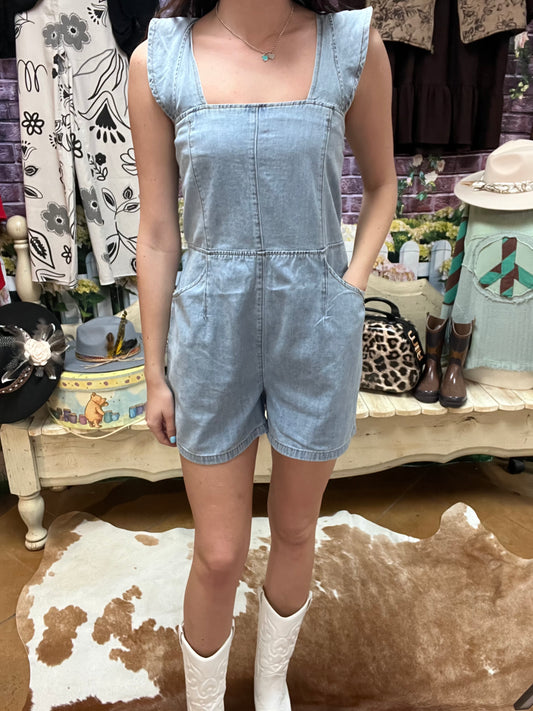 Denim Ruffle Sleeve Romper