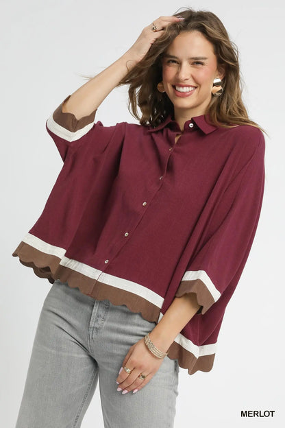 Umgee Colorblock Button Up Top Plus Size