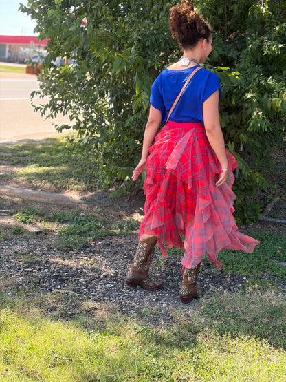 Easel Tulle Layered Plaid Skirt