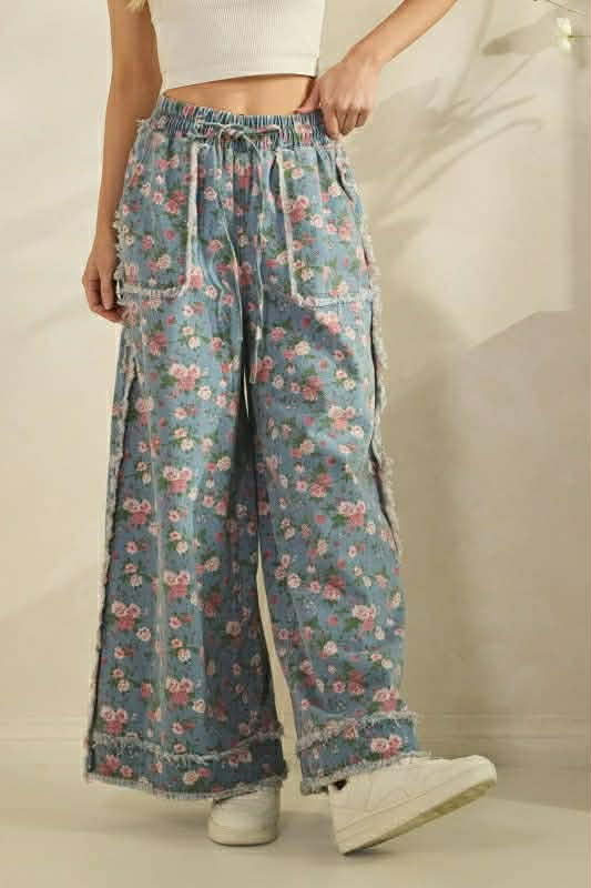 Sage + Fig wide leg denim floral pants