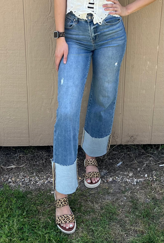 Risen Wide Leg Cuff Jeans Plus Size