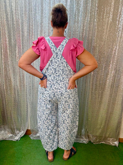 Oddi Washed Blue Floral Overalls Plus