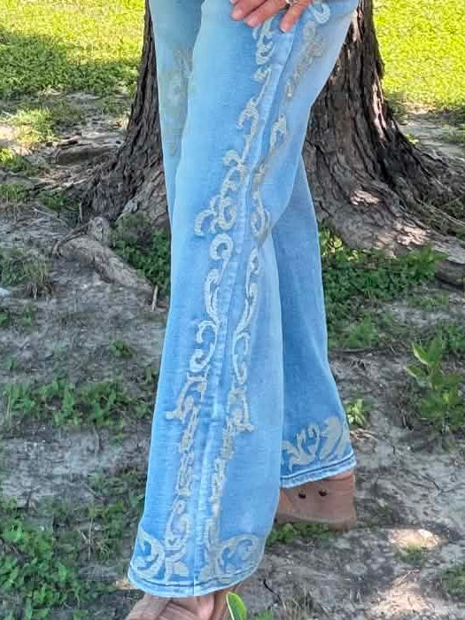 Easel Washed Denim Cross Stitch Pants