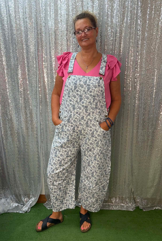 Oddi Washed Blue Floral Overalls Plus