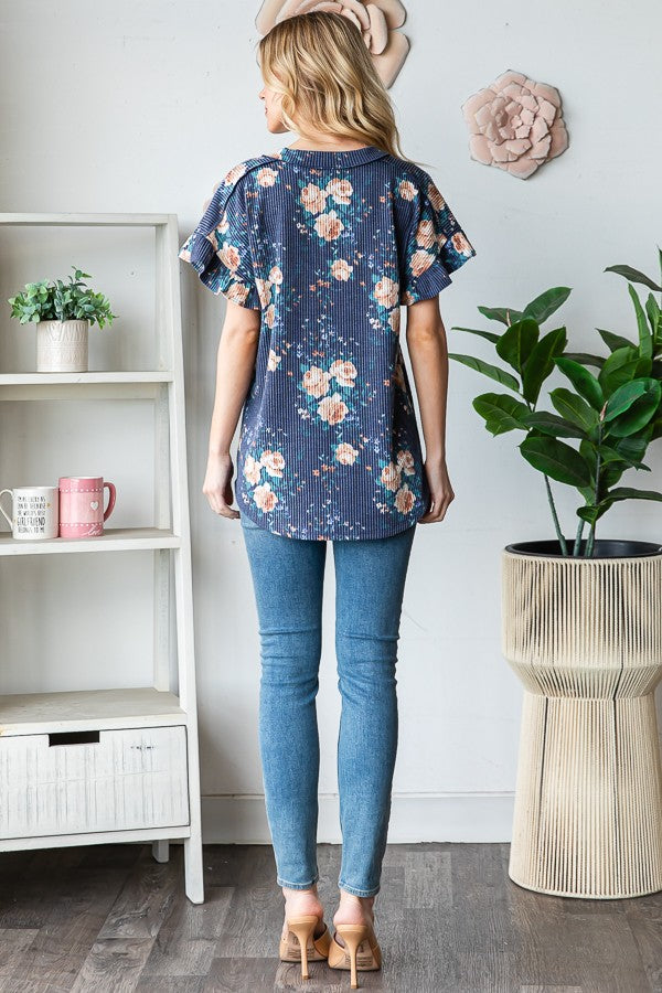 Floral Ribbed Flutter Sleeve Top Plus Size
