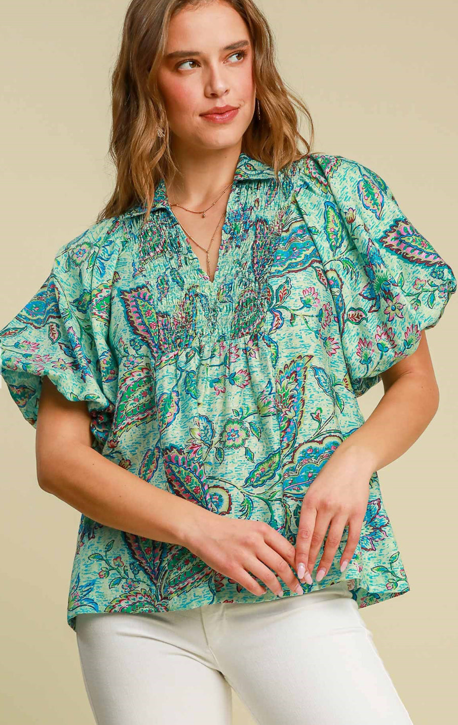 Umgee Bubble Sleeve Blouse *Patterned