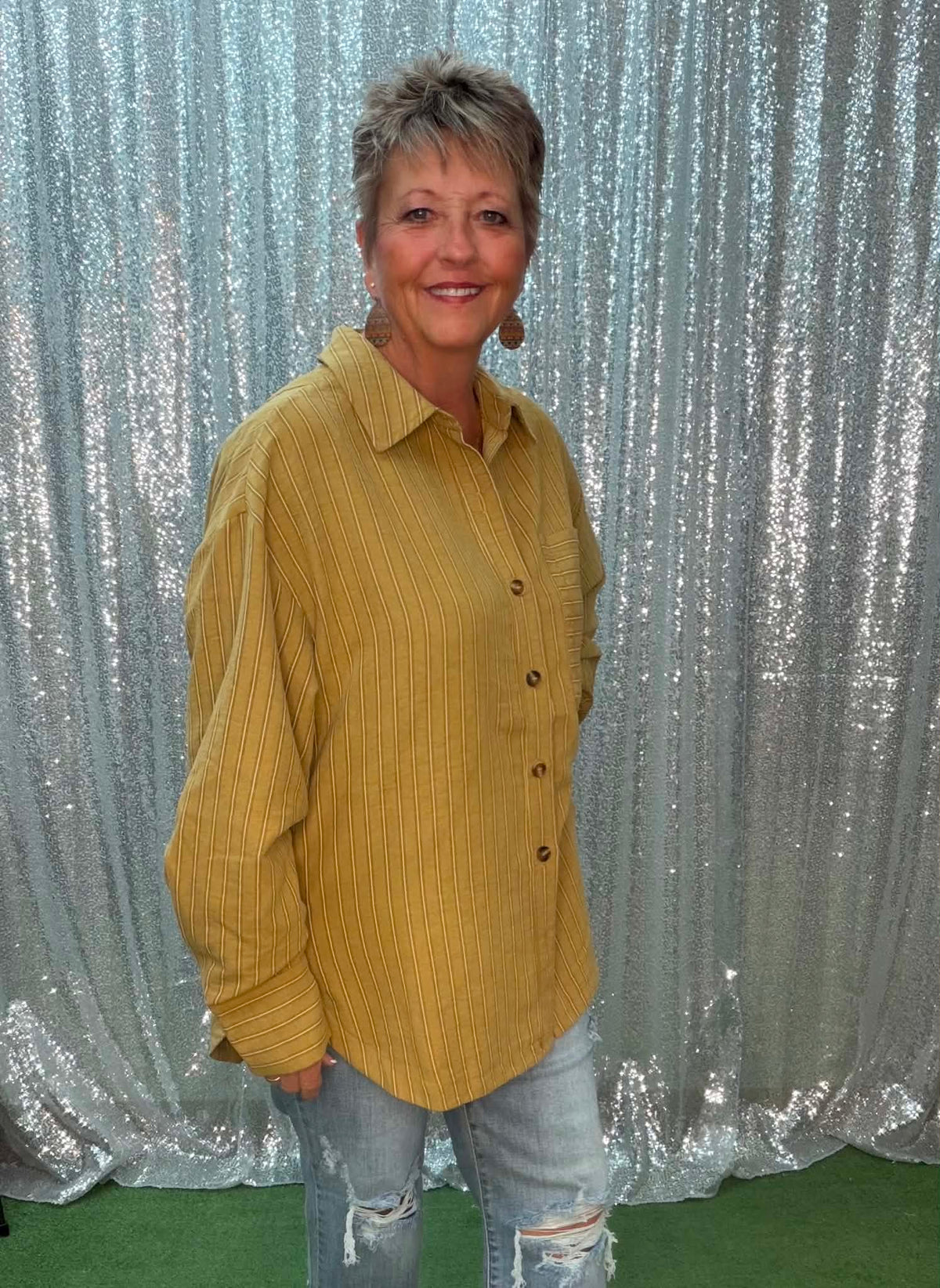 Easel Long Sleeve Button Front Stripe Shirt