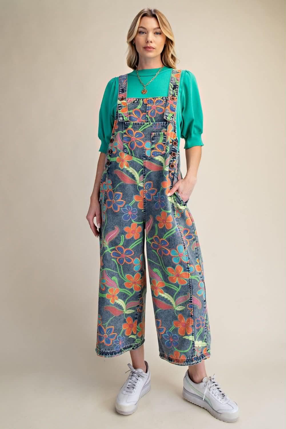 Easel Bright Floral Printed Overalls