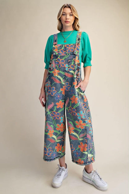 Easel Bright Floral Printed Overalls