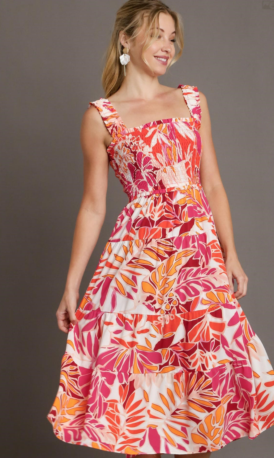 Tropical Print Smocked Tiered A-Line Dress