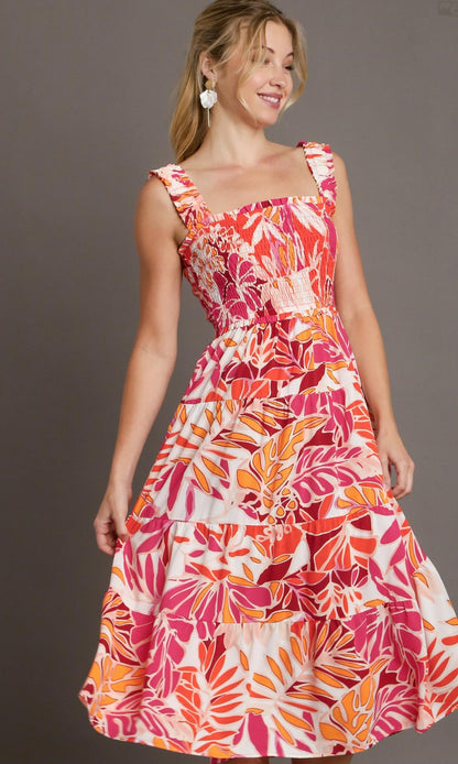 Tropical Print Smocked Tiered A-Line Dress