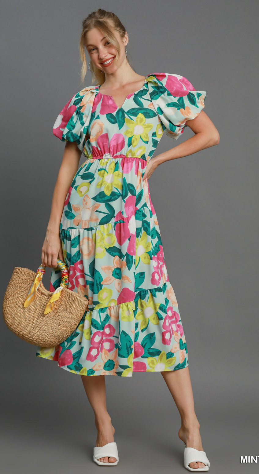 Umgee Floral Bubble Sleeve Midi Dress